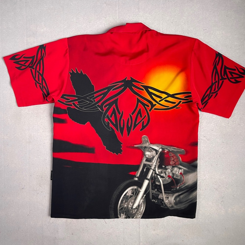 Dragonfly Motorcycle Button Up Shirt Graphic Print Short Sleeve Red L - Picture 8 of 9